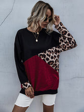 Perfee Leopard Contrast Long Sleeve Sweatshirt Burgundy OutfitFlow